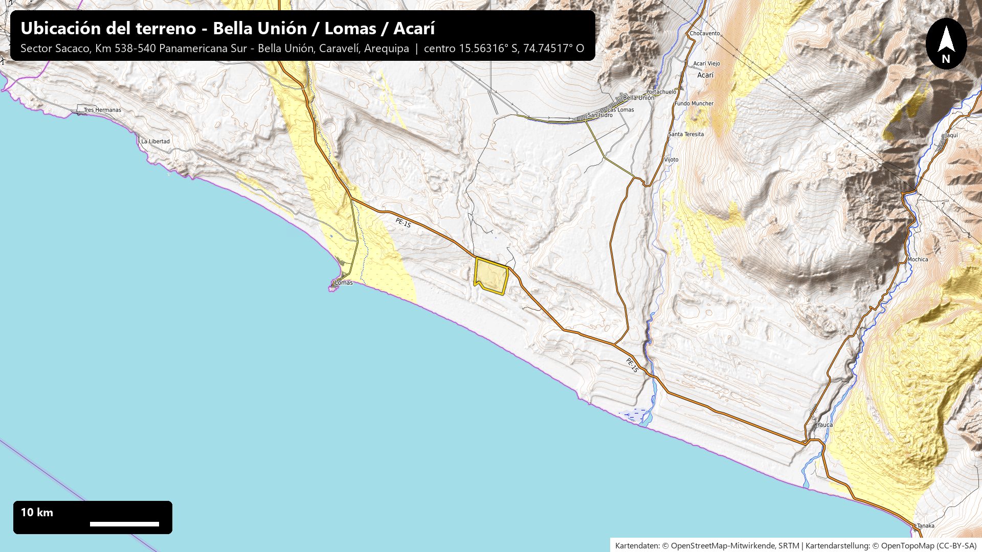 Mapa regional: ubicación del terreno entre Lomas y Bella Unión
